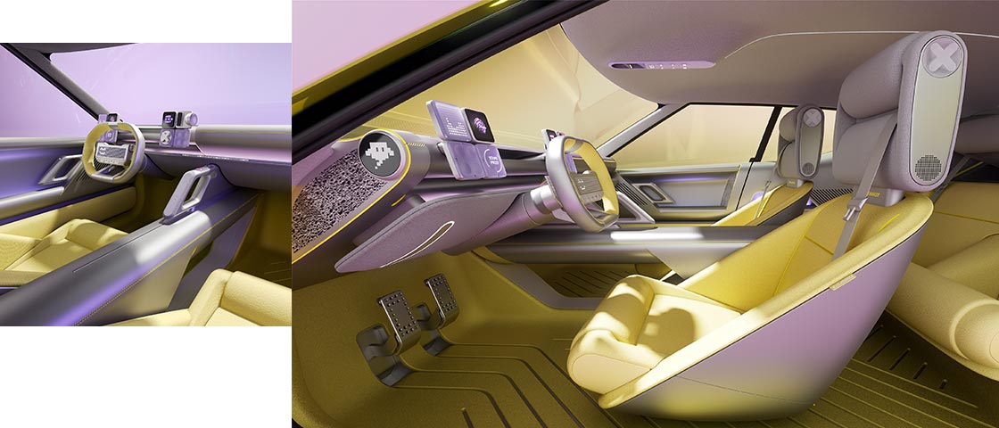 Інтер'єр Hyundai Concept THREE з прямокутним кермом, цифровими дисплеями та футуристичними елементами керування з фіолетовими акцентами.